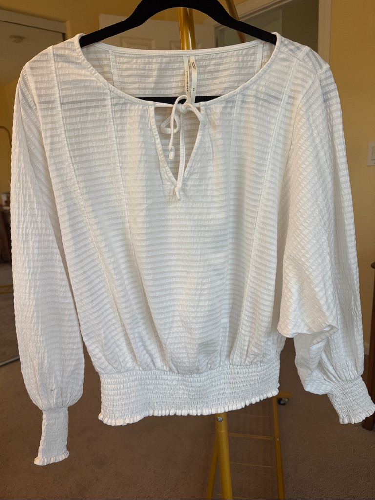 Anthropologie White Textured Tie-Neck Blouse